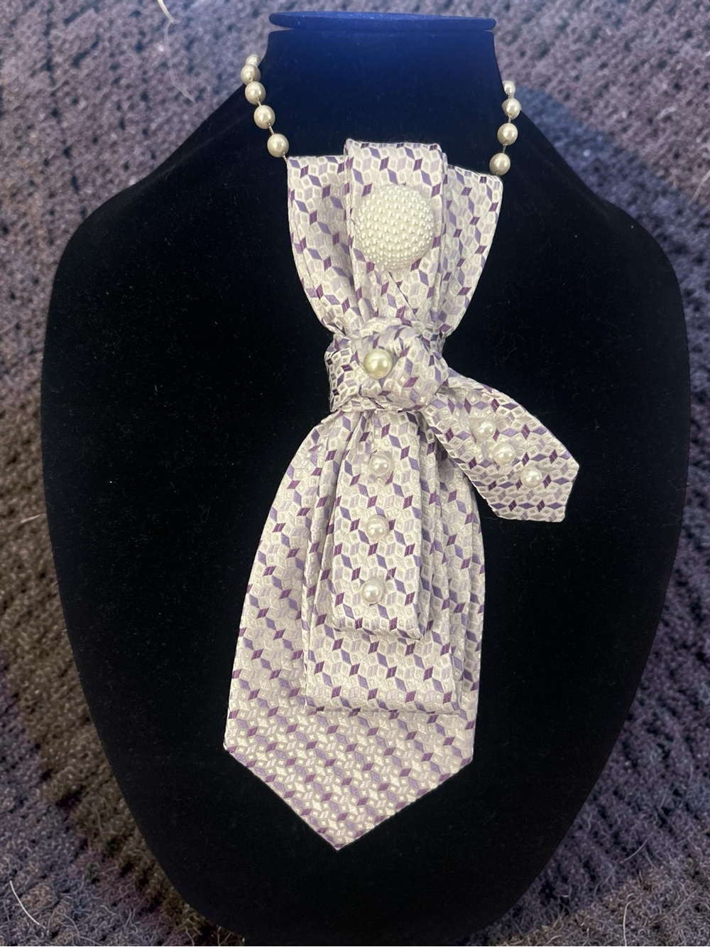 Pearl-Accented Purple Fabric Bow Necklace